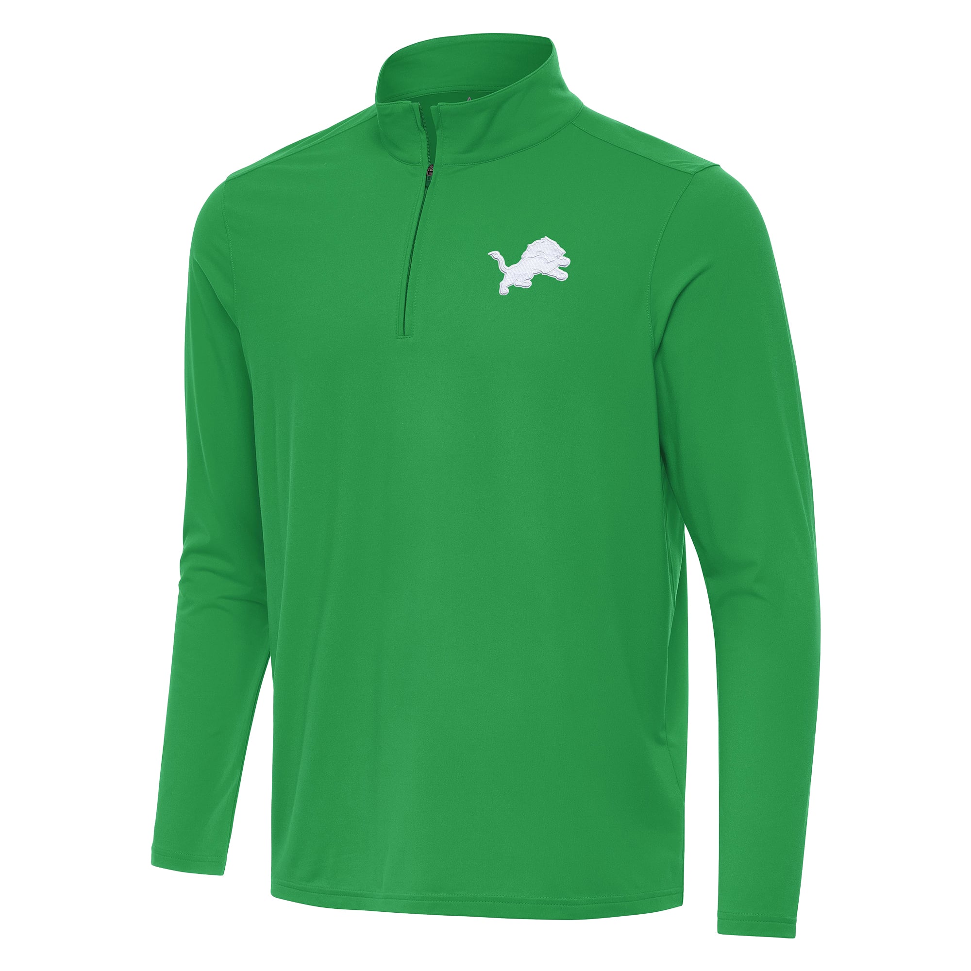 Pull à col zippé Antigua vert Kelly pour homme, Detroit Lions, édition spéciale Saint-Patrick